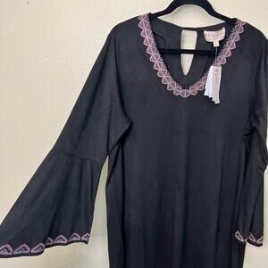 NWT Philosophy Black Faux Suede Embroidered Bell Sleeve Dress Size 0X